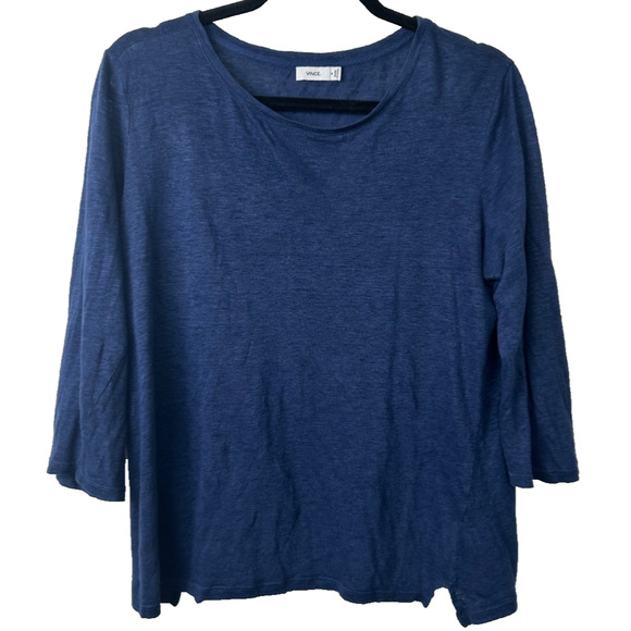VINCE M Top Blue Slub 100% Linen T-Shirt Blouse Scoop Neck 3/4 Sleeve A34 - Picture 1 of 6